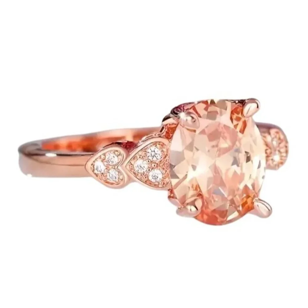 Oval Cut Morganite Engagement Bridal Ring Rose Gold Half Eternity Diamond Hearts